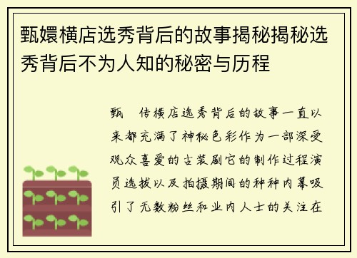 甄嬛横店选秀背后的故事揭秘揭秘选秀背后不为人知的秘密与历程