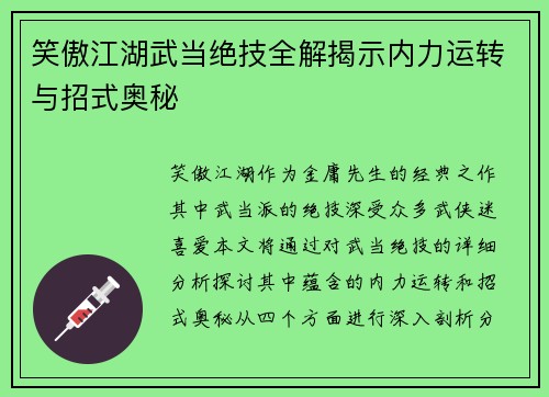 笑傲江湖武当绝技全解揭示内力运转与招式奥秘